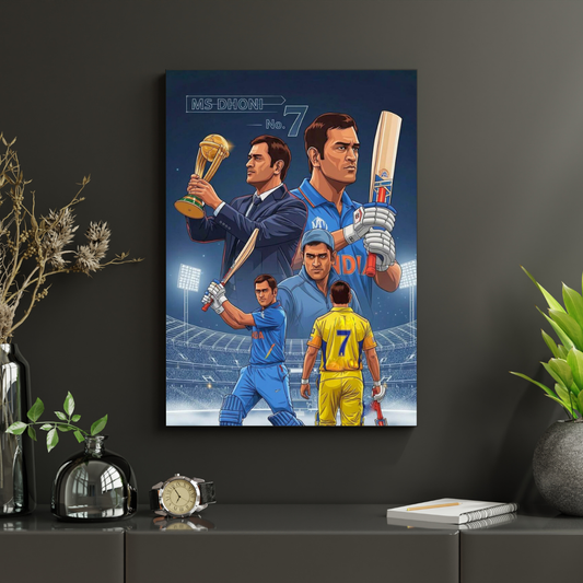MS Dhoni No.7 Aluminium Glossy Metal Poster | Premium Cricket Wall Art | HD Metal Print for Bedroom, Living Room, Office & Man Cave | Waterproof, Fade-Proof Home Decor Frame