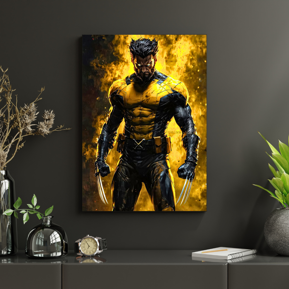 Premium Glossy Aluminium Metal Poster – Wolverine-Inspired Yellow & Black Warrior Artwork | HD Printed Aluminium Wall Decor for Bedroom, Gaming Room, Office & Studio | Waterproof, Fade-Proof Superhero Wall Frame