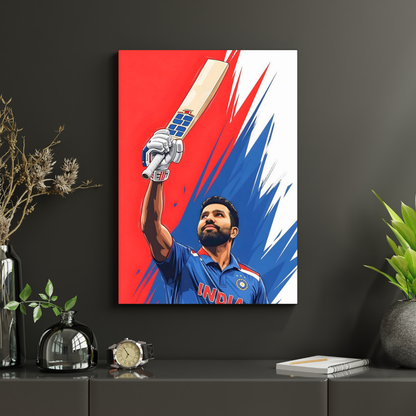 Rohit Sharma Cricket Poster | Aluminium Glossy Metal Frame | HD Wall Art for Bedroom, Living Room & Office | Cricket Legend Artwork | Premium Home Decor Panel | Metal Poster for Cricket Fans