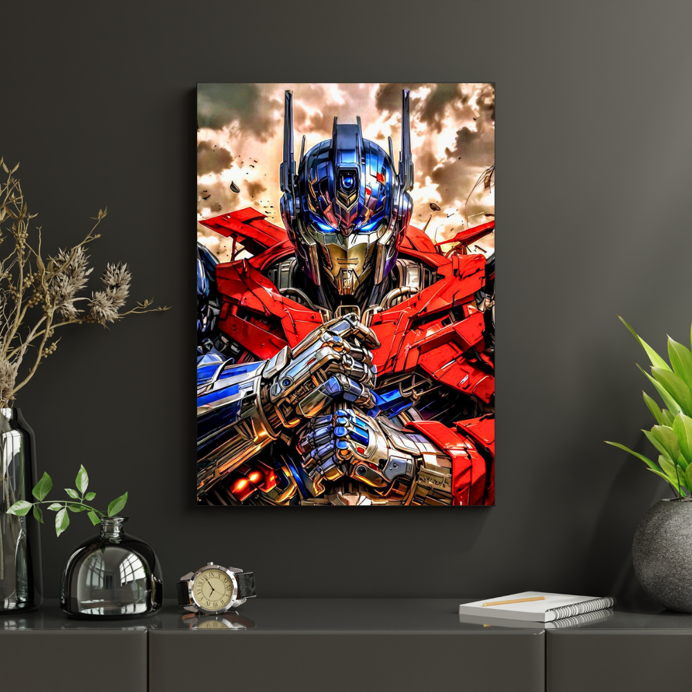 Premium Glossy Aluminium Metal Poster – 0ptimus Prime Inspired Cyber Mech Artwork | HD Printed Aluminium Wall Decor for Bedroom, Gaming Room, Office & Studio | Waterproof, Fade-Proof Sci-Fi Wall Frame
