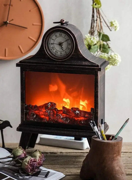 LED Fireplace Lantern with Clock – Vintage-Style Decorative Lantern with Realistic Flame Effect & Built-In Analog Clock for Home & Office Decor