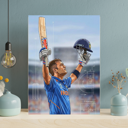 MS Dhoni Aluminium Glossy Metal Poster | Premium Cricket Wall Art Frame for Home & Office Décor | HD Printed Metal Sheet | Sports Room, Bedroom, Living Room Decoration | Cricket Legend Artwork (Gloss Finish)