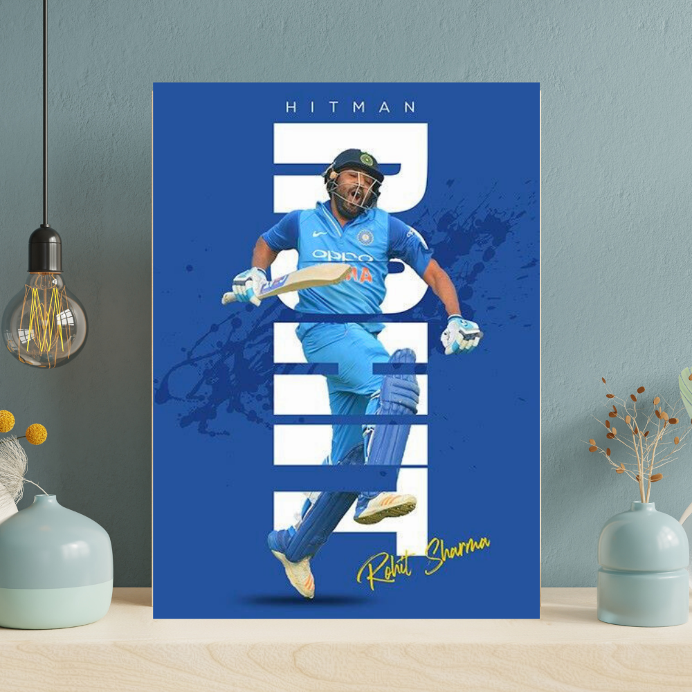 Rohit Sharma HITMAN Cricket Wall Art | Premium Glossy Aluminium Metal Poster Frame | Sports Room Decor | Ultra HD Print for Bedroom, Living Room, Office & Man Cave | Modern Home Decor Frame (Blue Edition)