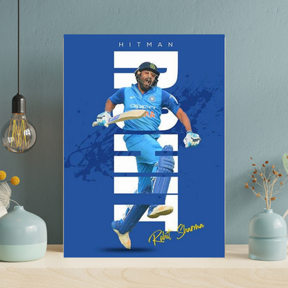 Rohit Sharma HITMAN Cricket Wall Art | Premium Glossy Aluminium Metal Poster Frame | Sports Room Decor | Ultra HD Print for Bedroom, Living Room, Office & Man Cave | Modern Home Decor Frame (Blue Edition)