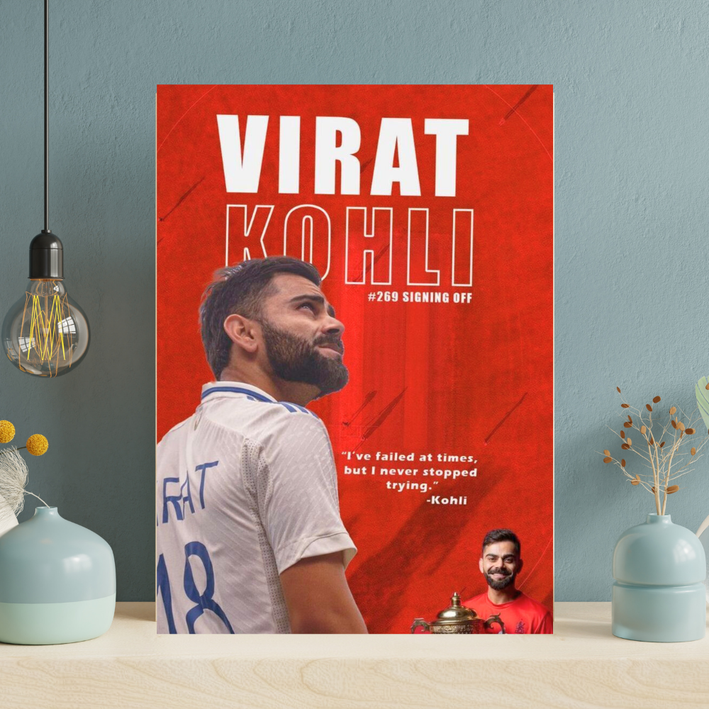 Virat Kohli Premium Aluminium Glossy Frame | Metal Poster Wall Art for Home & Room Decor | Cricket Legend HD Artwork | Ultra-Gloss Finish | Living Room, Bedroom, Office Decoration |