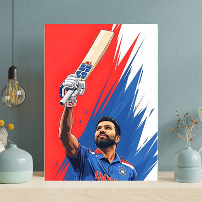 Rohit Sharma Cricket Poster | Aluminium Glossy Metal Frame | HD Wall Art for Bedroom, Living Room & Office | Cricket Legend Artwork | Premium Home Decor Panel | Metal Poster for Cricket Fans