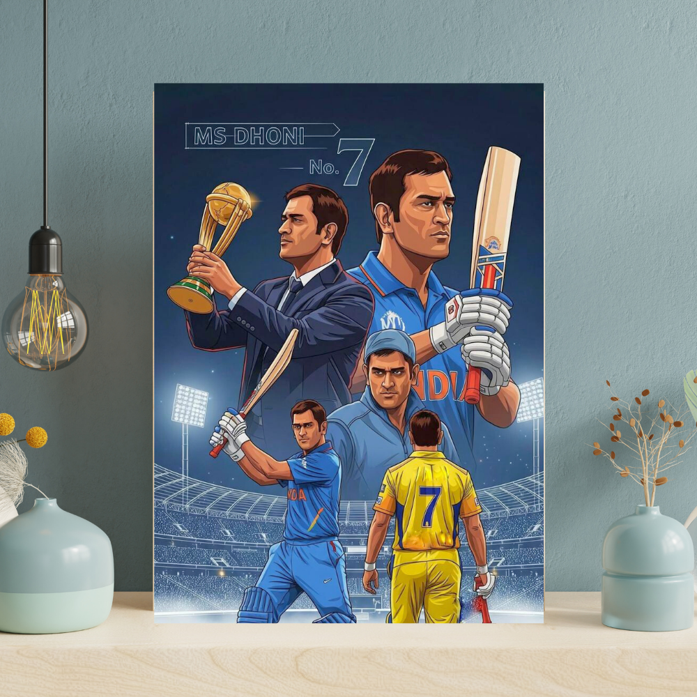 MS Dhoni No.7 Aluminium Glossy Metal Poster | Premium Cricket Wall Art | HD Metal Print for Bedroom, Living Room, Office & Man Cave | Waterproof, Fade-Proof Home Decor Frame