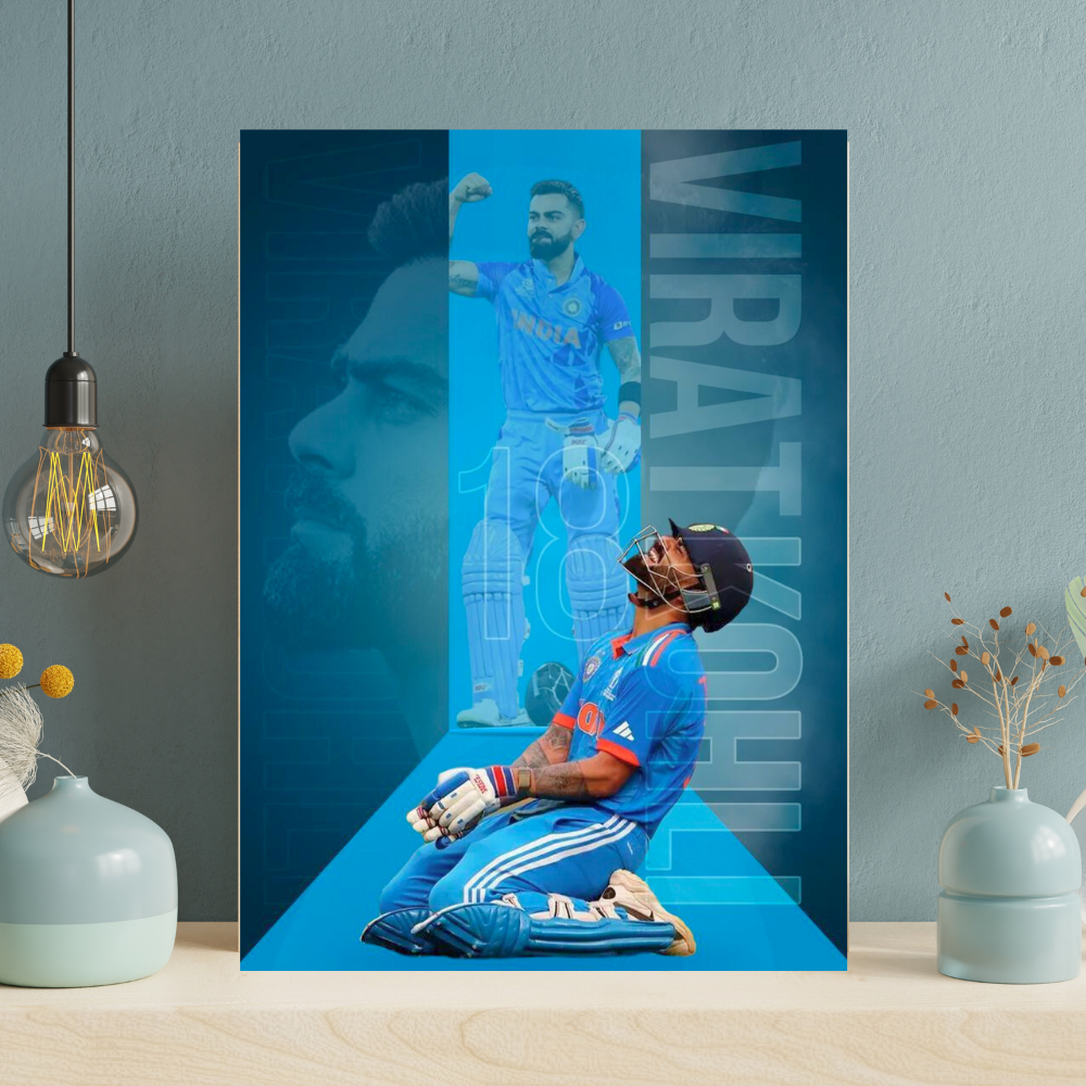 Virat Kohli Cricket Action Aluminium Glossy Metal Poster | Premium HD Wall Art Frame for Room, Office & Home Decor | Waterproof, Fade-Proof Metal Wall Poster | Cricket Legend Art Print (Glossy Finish)