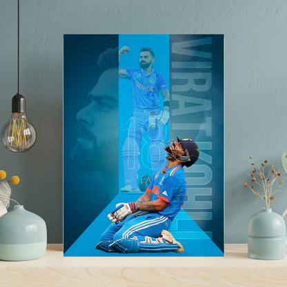Virat Kohli Cricket Action Aluminium Glossy Metal Poster | Premium HD Wall Art Frame for Room, Office & Home Decor | Waterproof, Fade-Proof Metal Wall Poster | Cricket Legend Art Print (Glossy Finish)