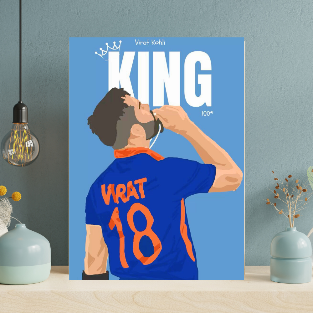Premium Aluminium Glossy Frame | Virat Kohli KING Poster for Wall | Metal Poster for Room Decor | Cricket Wall Art for Bedroom, Office & Home Decor | Ultra HD Print | 12x18 / 18x24 / 24x36
