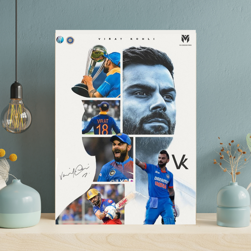 Premium Aluminium Glossy Frame – Virat Kohli Cricket Wall Art | Metal Poster for Home Décor, Living Room, Bedroom & Office | Ultra HD Print | Sports Art | Stylish Cricket Lover Gift (Multiple Sizes)