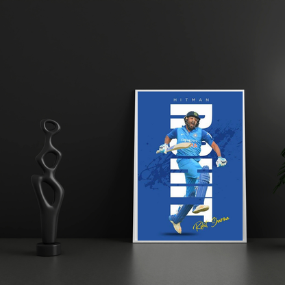 Rohit Sharma HITMAN Cricket Wall Art | Premium Glossy Aluminium Metal Poster Frame | Sports Room Decor | Ultra HD Print for Bedroom, Living Room, Office & Man Cave | Modern Home Decor Frame (Blue Edition)