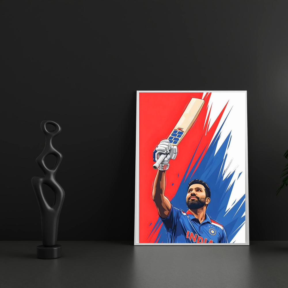 Rohit Sharma Cricket Poster | Aluminium Glossy Metal Frame | HD Wall Art for Bedroom, Living Room & Office | Cricket Legend Artwork | Premium Home Decor Panel | Metal Poster for Cricket Fans