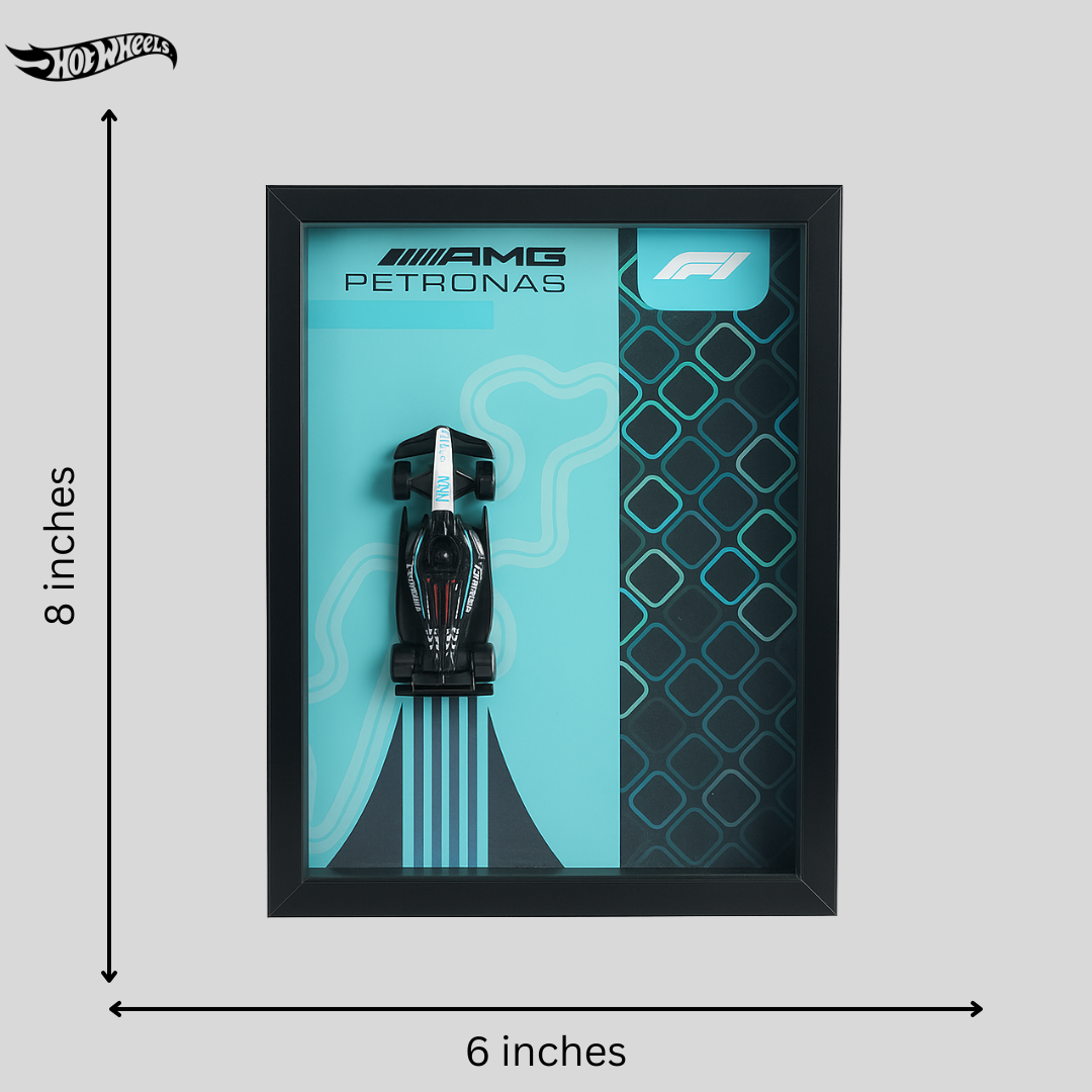 Framed Hot Wheels car model with AMG Petronas and F1 logos on a gray background