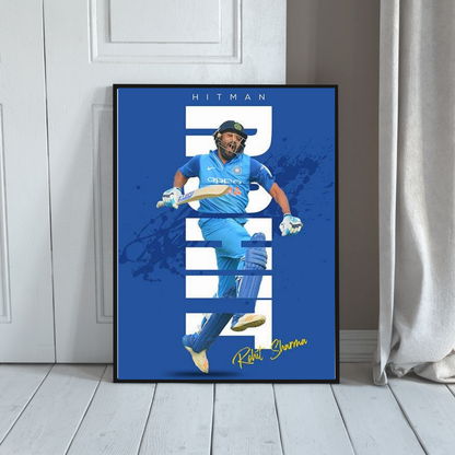 Rohit Sharma HITMAN Cricket Wall Art | Premium Glossy Aluminium Metal Poster Frame | Sports Room Decor | Ultra HD Print for Bedroom, Living Room, Office & Man Cave | Modern Home Decor Frame (Blue Edition)
