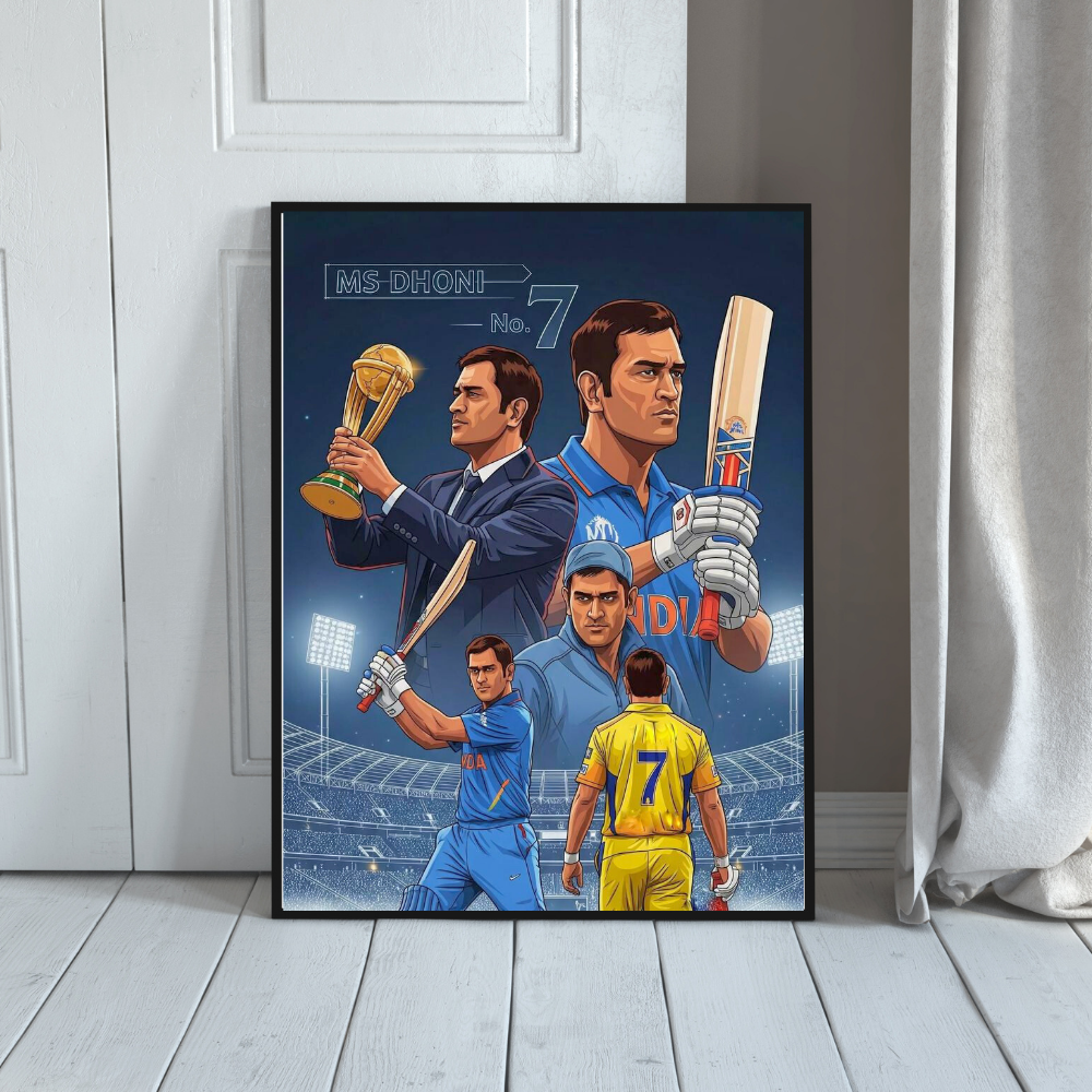 MS Dhoni No.7 Aluminium Glossy Metal Poster | Premium Cricket Wall Art | HD Metal Print for Bedroom, Living Room, Office & Man Cave | Waterproof, Fade-Proof Home Decor Frame