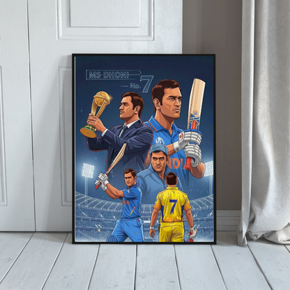 MS Dhoni No.7 Aluminium Glossy Metal Poster | Premium Cricket Wall Art | HD Metal Print for Bedroom, Living Room, Office & Man Cave | Waterproof, Fade-Proof Home Decor Frame