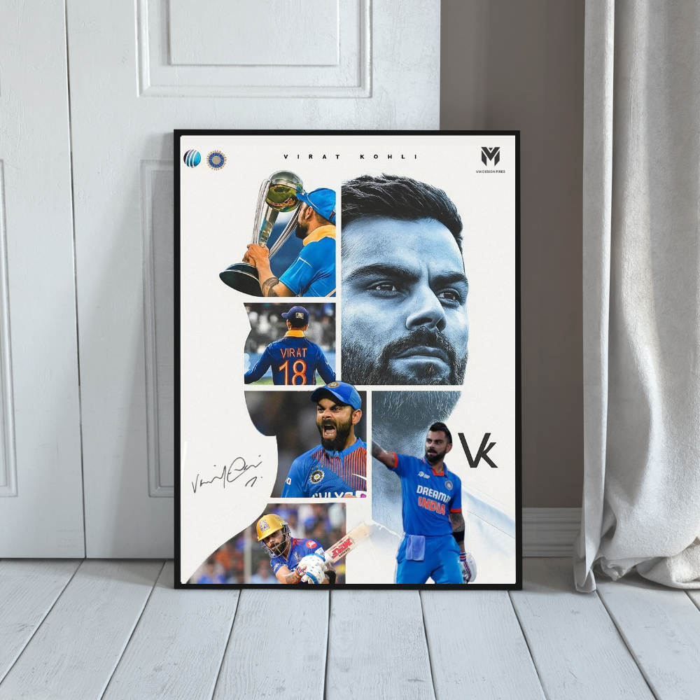 Premium Aluminium Glossy Frame – Virat Kohli Cricket Wall Art | Metal Poster for Home Décor, Living Room, Bedroom & Office | Ultra HD Print | Sports Art | Stylish Cricket Lover Gift (Multiple Sizes)