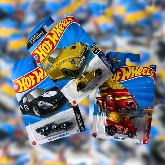 Hot Wheels Set of 3 – Porsche Carrera GTS & Double Buns of Steel (1:64 Diecast Collectors Cars)