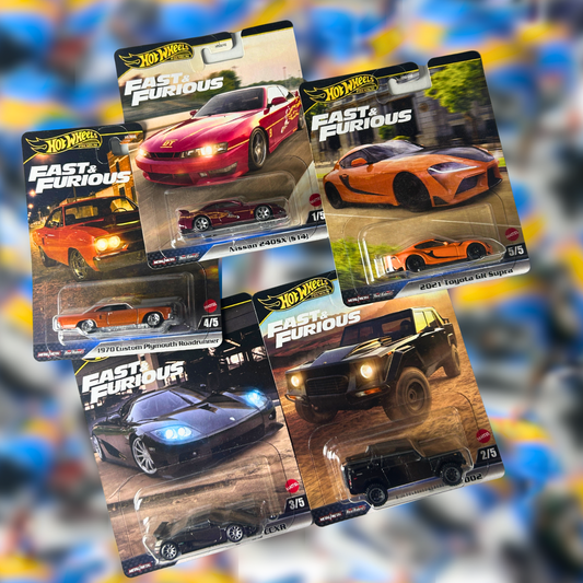 Hot Wheels Fast & Furious Set of 5 – 1970 Plymouth Road Runner, Nissan 240SX S14, Toyota GR Supra, Lamborghini LM002 & Koenigsegg CCXR (1:64 Diecast Cars)