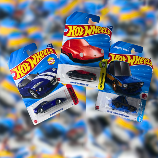 Hot Wheels Set of 3 Cars – ’96 Dodge Viper GTS, Porsche 911 Clip & Nissan Skyline 2000GT-R LBWK (1:64 Diecast Collectibles)