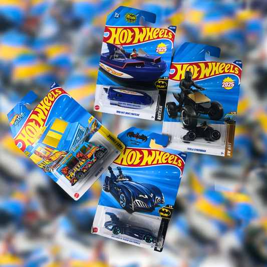 Hot Wheels Set of 4 – Batman Robin Batmobile, 1966 Batman Boat, Quick Bite & Tesla Cyberquad (1:64 Diecast Collectibles)