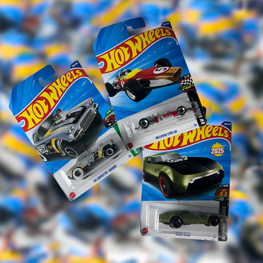 Hot Wheels 3- Car Collectors Set – Slide Burn, 62 Corvette Gasser , 68 Lotus Type 49