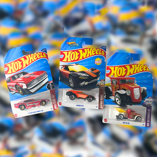 Hot Wheels 3- Car Collectors Set – 71 MUSTANG FUNNY CAR, AMARU GTC , GOTTA GO