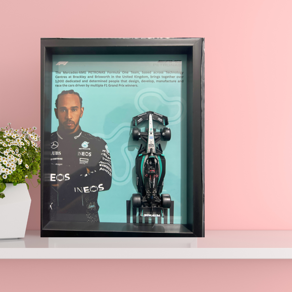 Lewis Hamilton with Bburagos F1 AMG Petronas Diecast Car Frame 1:43  – 3D Wall Art