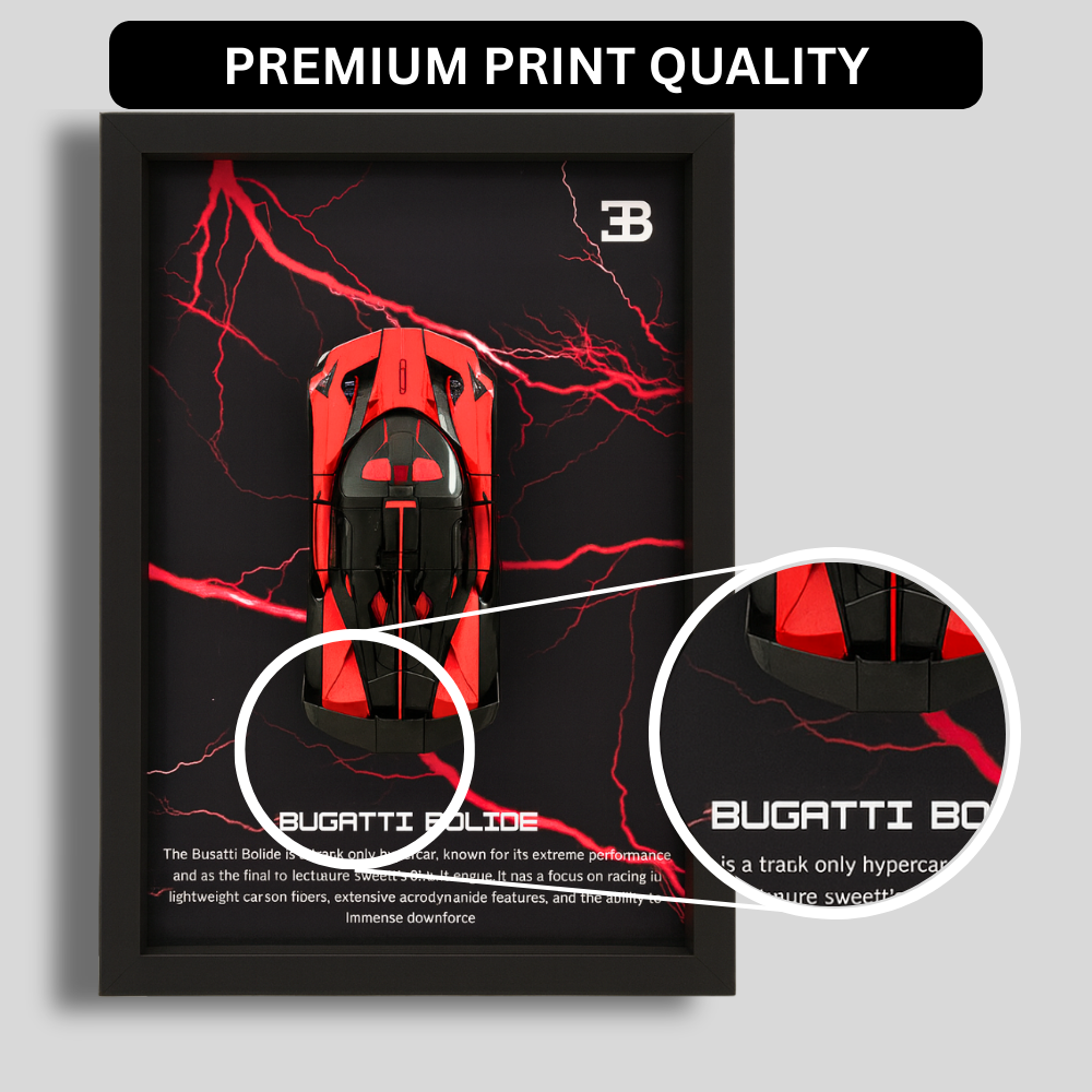 Premium Bugatti Bolide 3D Car Frame – Luxury 1:32 Scale Diecast Wall Art for Collectors & Supercar Enthusiasts | Modern Decorative Car Frame