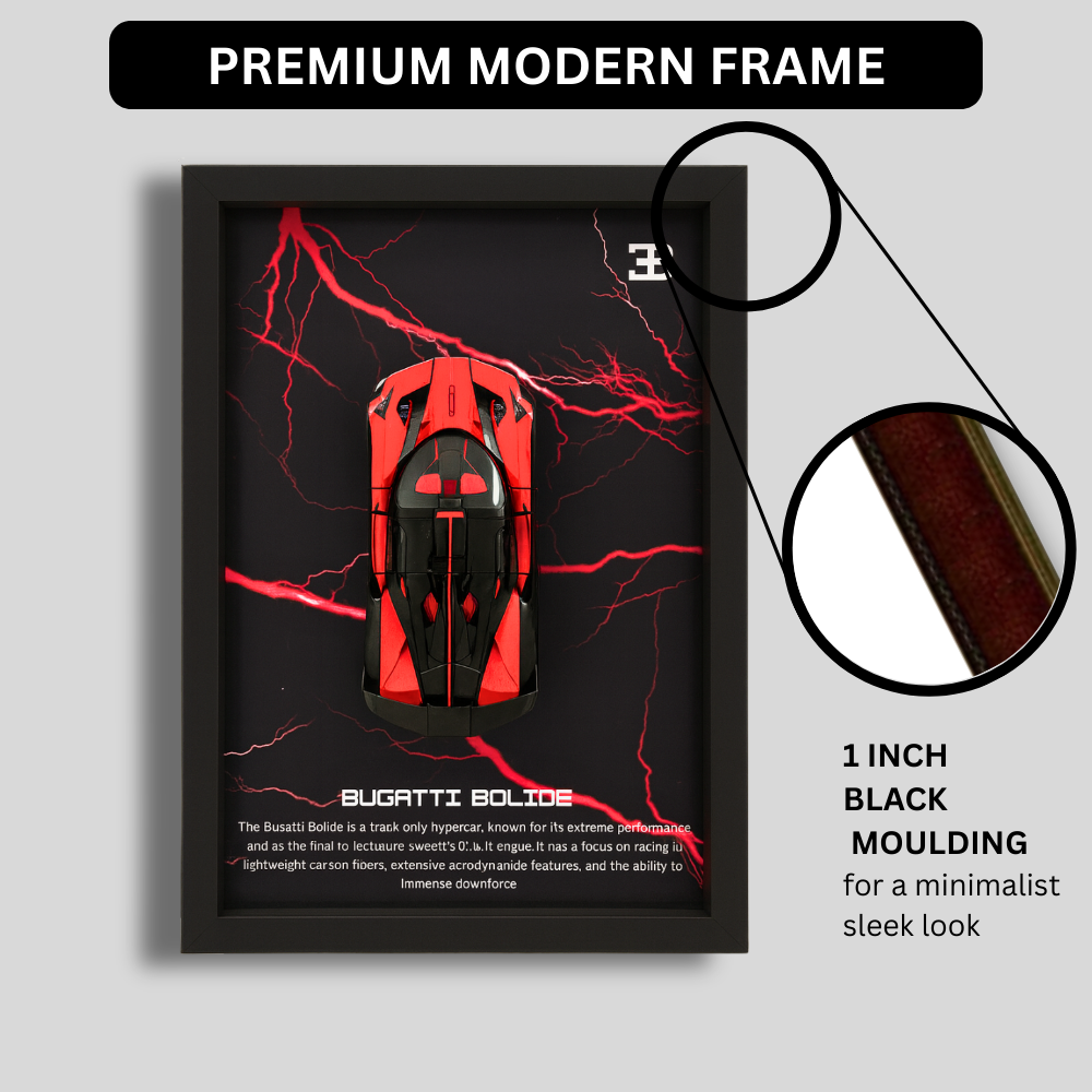 Premium Bugatti Bolide 3D Car Frame – Luxury 1:32 Scale Diecast Wall Art for Collectors & Supercar Enthusiasts | Modern Decorative Car Frame