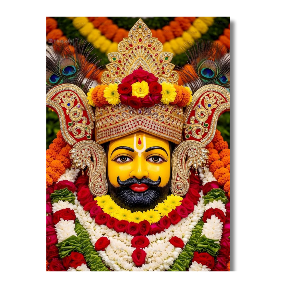 Shri Khatu Shyam Ji Floral Golden Mukut Wall Frame | HD Gloss Finish Devotional Photo | Premium Hindu Religious Wall Art for Home Mandir, Pooja Room & Office
