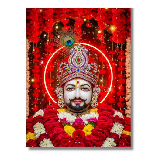 Shri Khatu Shyam Ji Red Aura Golden Crown Frame | HD Gloss Finish Devotional Wall Art | Premium Hindu Religious Photo Frame for Home Mandir, Pooja Room & Office