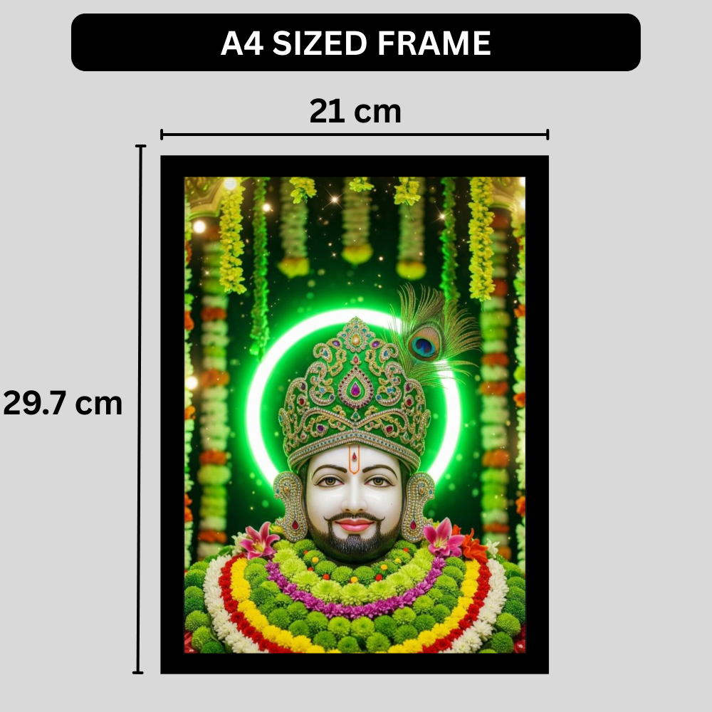 Shri Khatu Shyam Ji Green Aura Golden Crown Wall Frame | HD Gloss Finish Devotional Wall Art | Premium Hindu Religious Photo Frame for Home Mandir, Pooja Room & Office