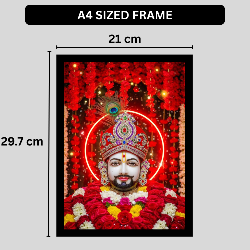 Shri Khatu Shyam Ji Red Aura Golden Crown Frame | HD Gloss Finish Devotional Wall Art | Premium Hindu Religious Photo Frame for Home Mandir, Pooja Room & Office