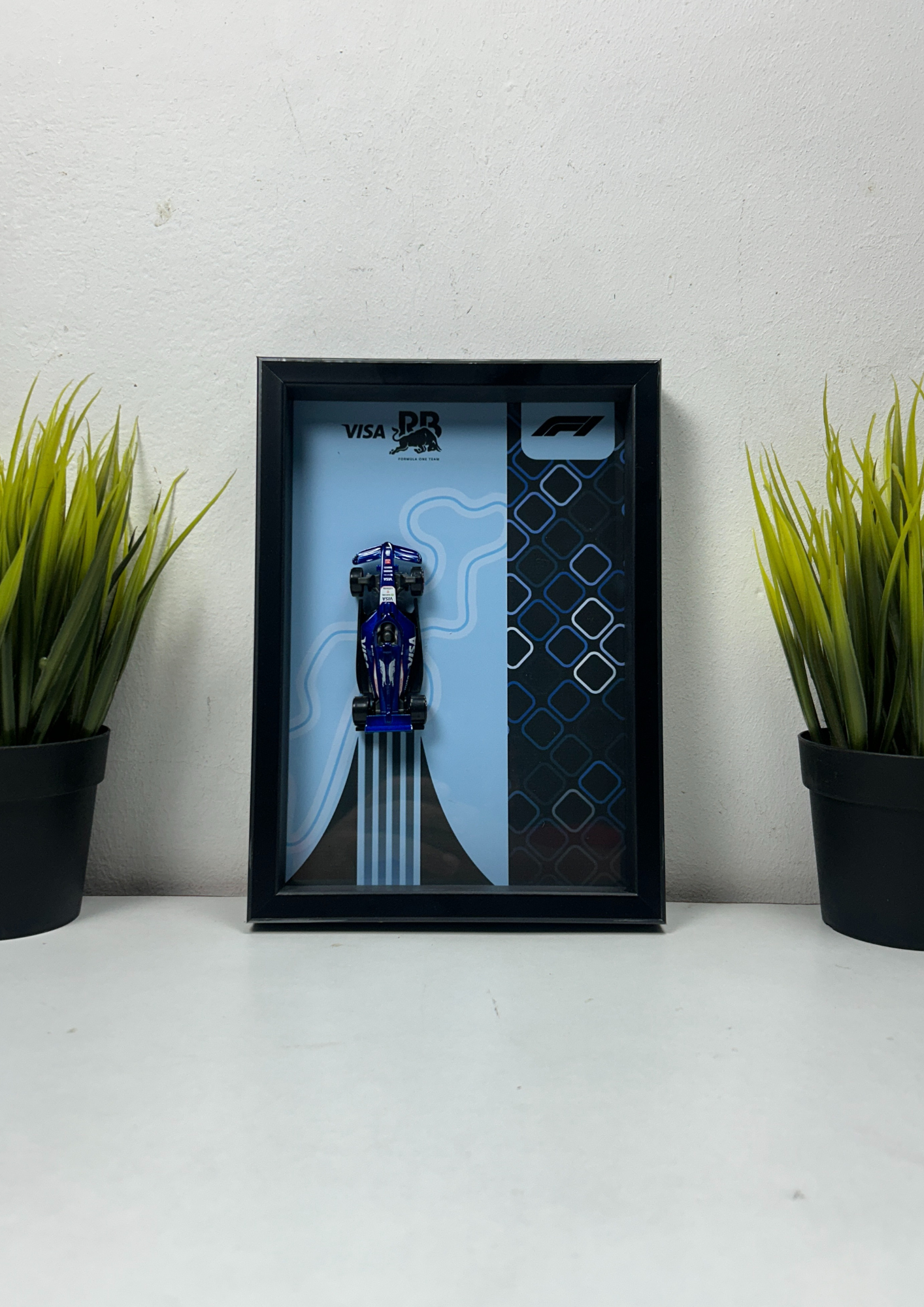 Framed car with Visa and Mastercard logos on a white surface with plants.