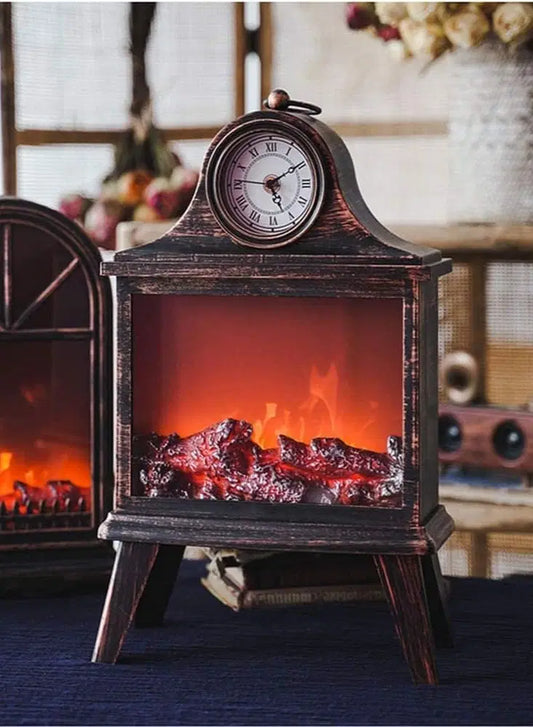 LED Fireplace Lantern with Clock – Vintage-Style Decorative Lantern with Realistic Flame Effect & Built-In Analog Clock for Home & Office Decor