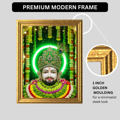 Shri Khatu Shyam Ji Green Aura Golden Crown Wall Frame | HD Gloss Finish Devotional Wall Art | Premium Hindu Religious Photo Frame for Home Mandir, Pooja Room & Office