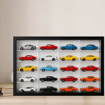 1:64 Scale Diecast Car Display Case with LED White Light – 16 Car Organizer, Black Frame