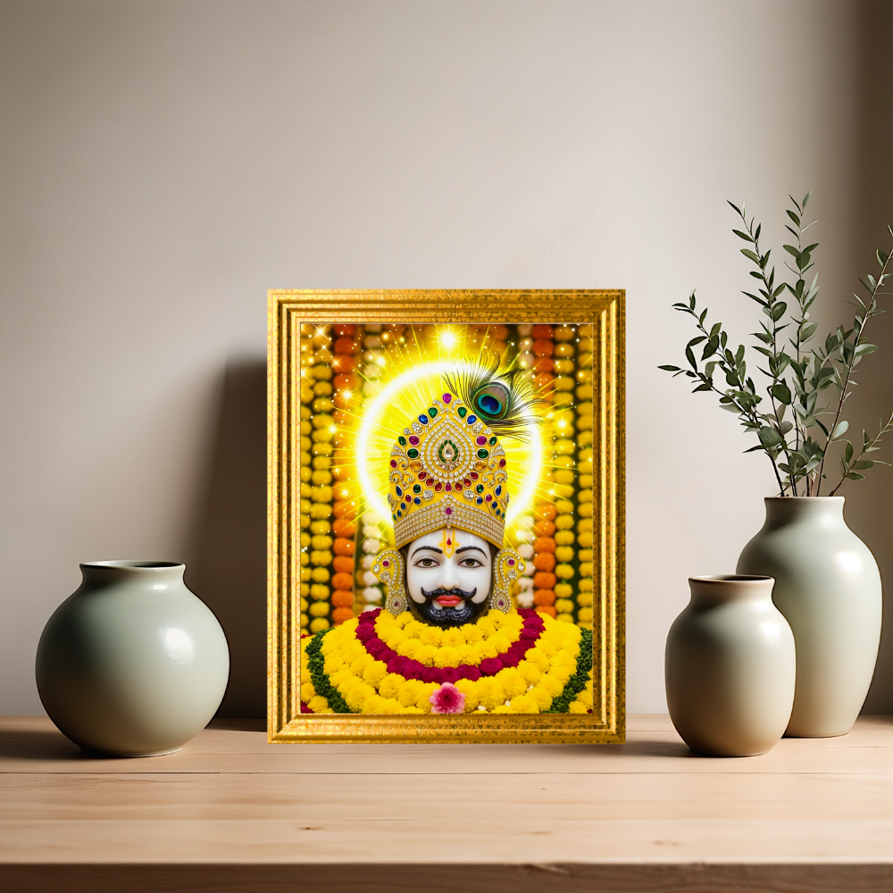 Shri Khatu Shyam Ji Golden Crown Wall Frame | HD Gloss Finish Devotional Photo | Premium Hindu Religious Wall Art for Home Mandir, Pooja Room & Office