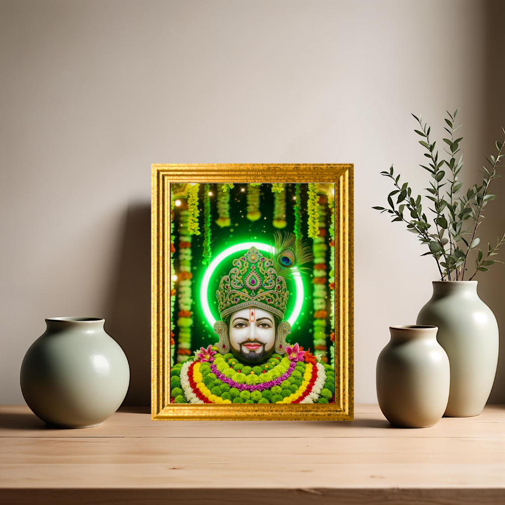 Shri Khatu Shyam Ji Green Aura Golden Crown Wall Frame | HD Gloss Finish Devotional Wall Art | Premium Hindu Religious Photo Frame for Home Mandir, Pooja Room & Office