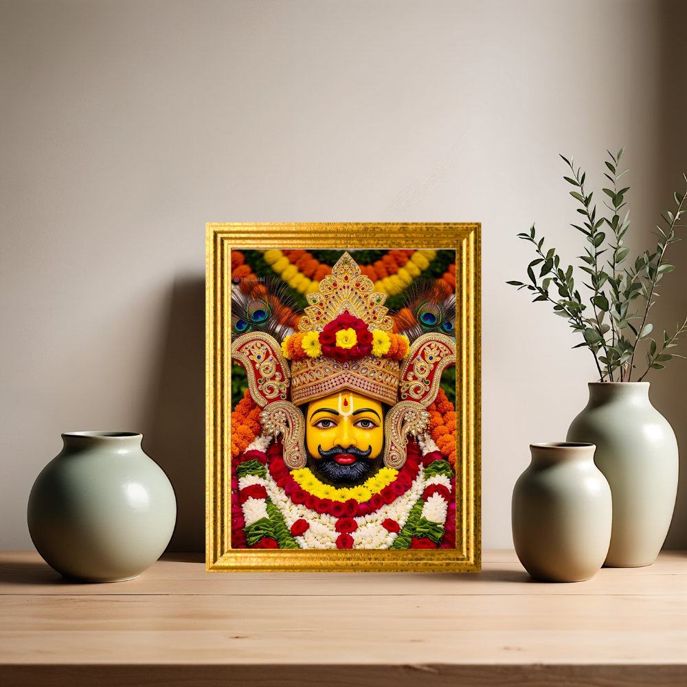 Shri Khatu Shyam Ji Floral Golden Mukut Wall Frame | HD Gloss Finish Devotional Photo | Premium Hindu Religious Wall Art for Home Mandir, Pooja Room & Office
