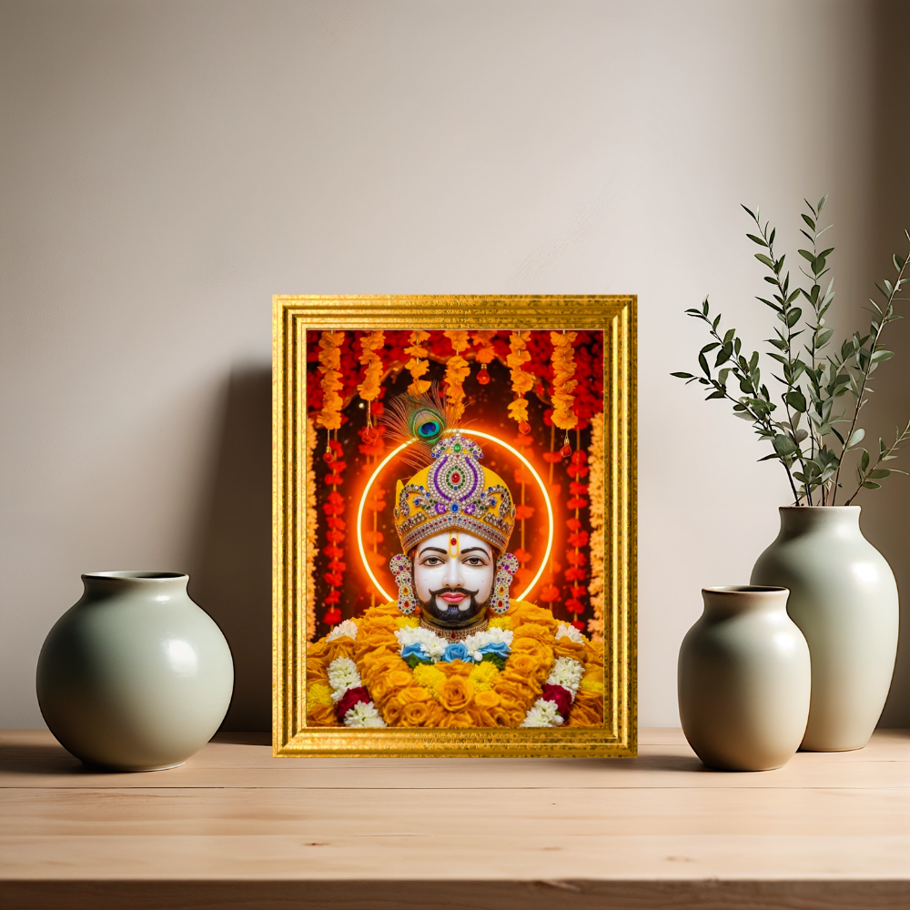 Shri Khatu Shyam Ji Golden Mukut Wall Frame | HD Gloss Finish Devotional Photo | Premium Hindu Religious Wall Art for Home Mandir, Pooja Room & Office