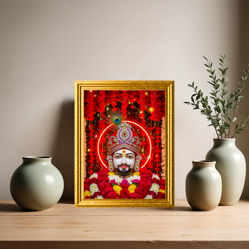 Shri Khatu Shyam Ji Red Aura Golden Crown Frame | HD Gloss Finish Devotional Wall Art | Premium Hindu Religious Photo Frame for Home Mandir, Pooja Room & Office