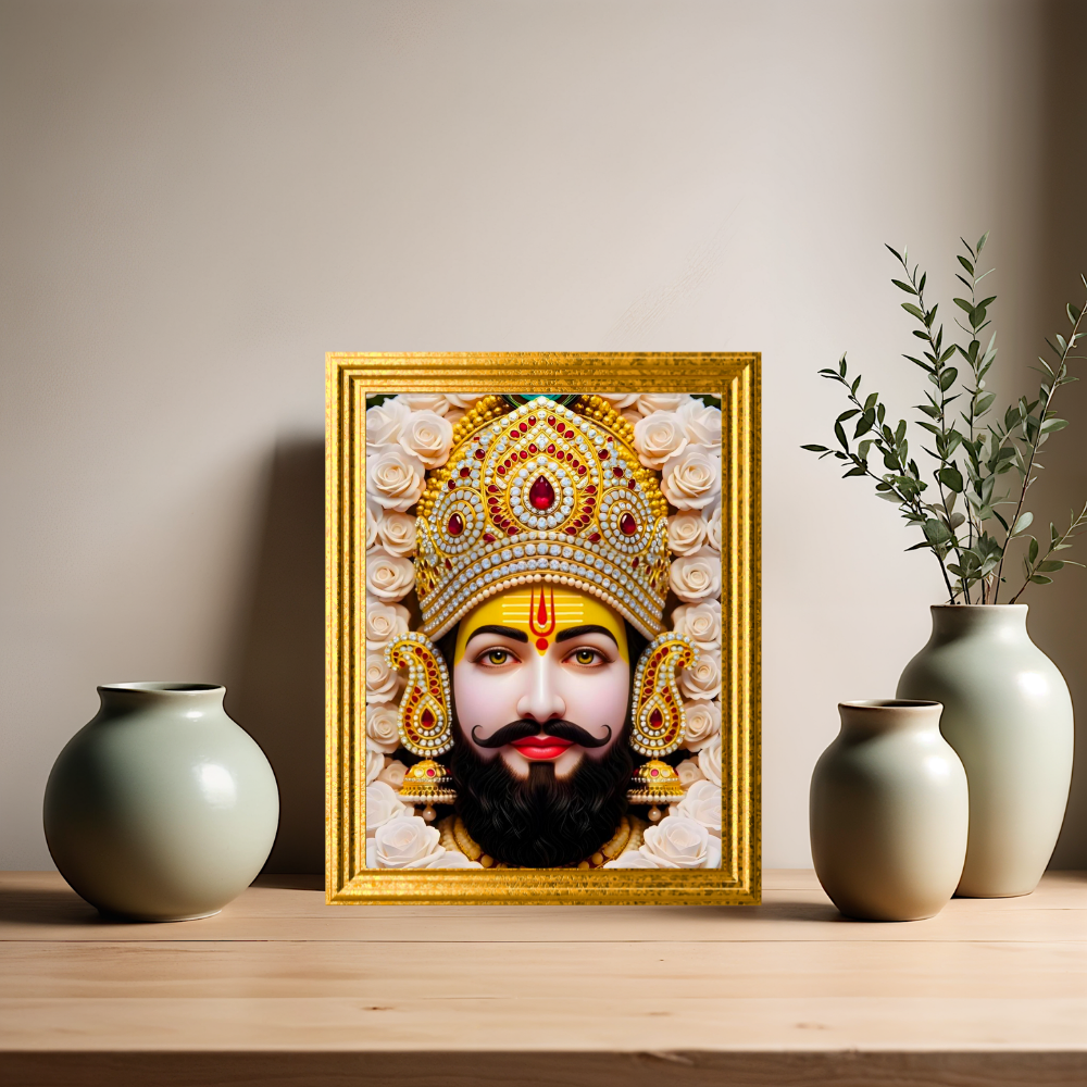 Khatu Shyam Ji Golden Frame Wall Art | HD Gloss Finish Devotional Portrait | Premium Hindu Religious Photo Frame for Home Mandir, Pooja Room & Office
