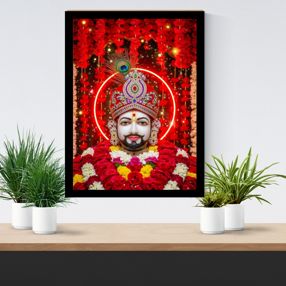 Shri Khatu Shyam Ji Red Aura Golden Crown Frame | HD Gloss Finish Devotional Wall Art | Premium Hindu Religious Photo Frame for Home Mandir, Pooja Room & Office