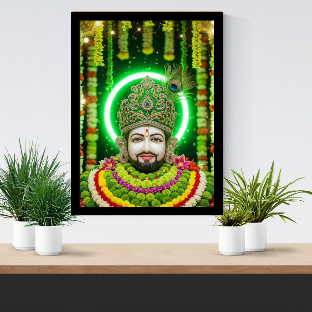 Shri Khatu Shyam Ji Green Aura Golden Crown Wall Frame | HD Gloss Finish Devotional Wall Art | Premium Hindu Religious Photo Frame for Home Mandir, Pooja Room & Office