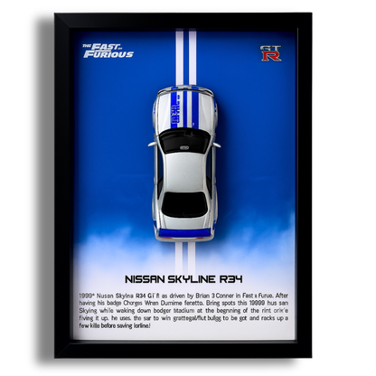 Fast & Furious Nissan Skyline R34 GT-R Diecast Car Frame 1:32 – 3D Wall Art for Collectors & Movie Fans