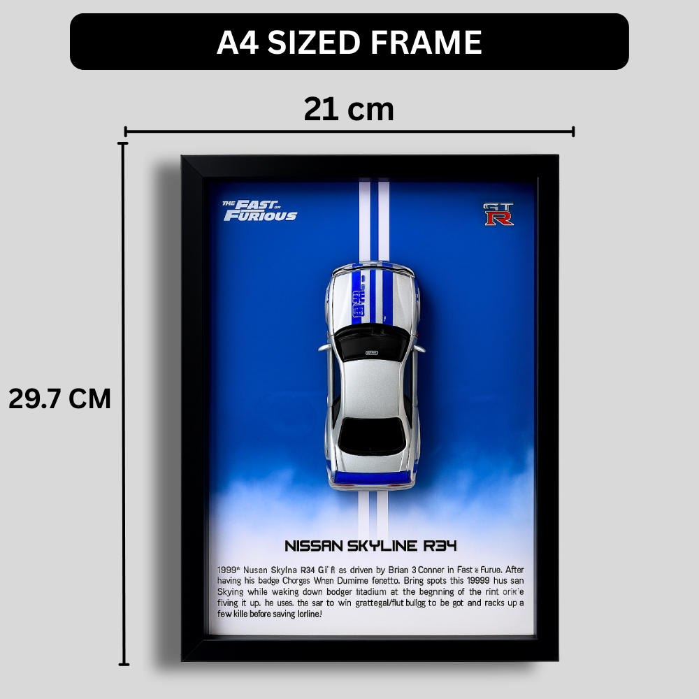 Fast & Furious Nissan Skyline R34 GT-R Diecast Car Frame 1:32 – 3D Wall Art for Collectors & Movie Fans