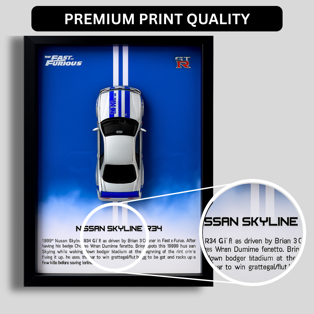 Fast & Furious Nissan Skyline R34 GT-R Diecast Car Frame 1:32 – 3D Wall Art for Collectors & Movie Fans